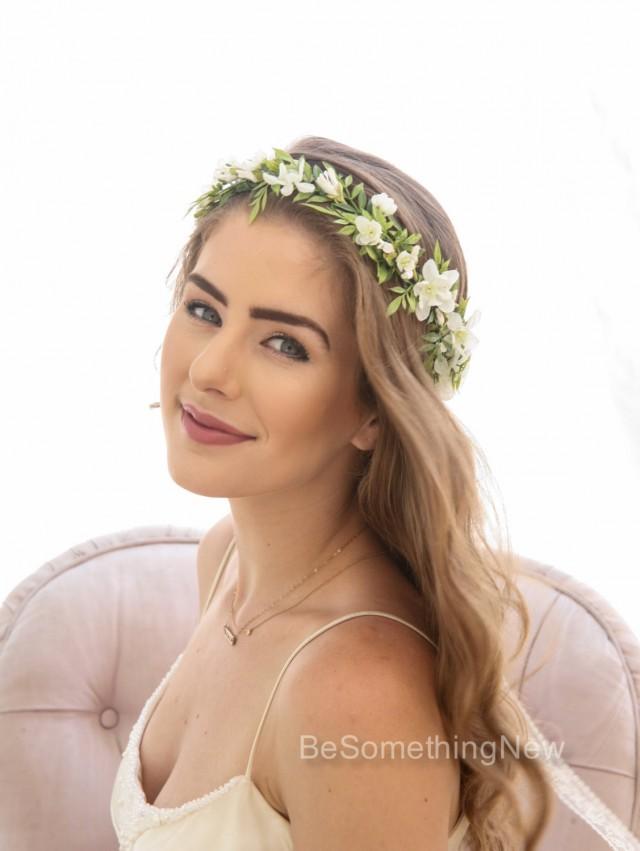 Green Leaf Rustic Floral Crown With Ivory Flowers, Woodland Wedding Hair Halo Flower Crown Boho