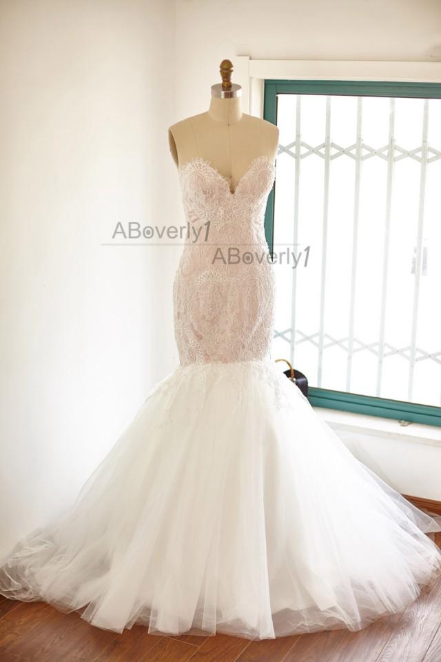 Beaded Mermaid Lace Tulle Wedding Dress Bridal Gown Blush Pink Lining 