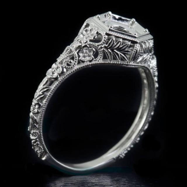 Platinum Art Nouveau Inspired Engagement Ring Setting Handcrafted Vintage Engraved Filigree