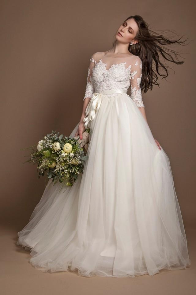 Ivory Beaded Illusion Wedding Dress Beaded Lace Wedding Gown Lace And Tulle Wedding Gown 4668