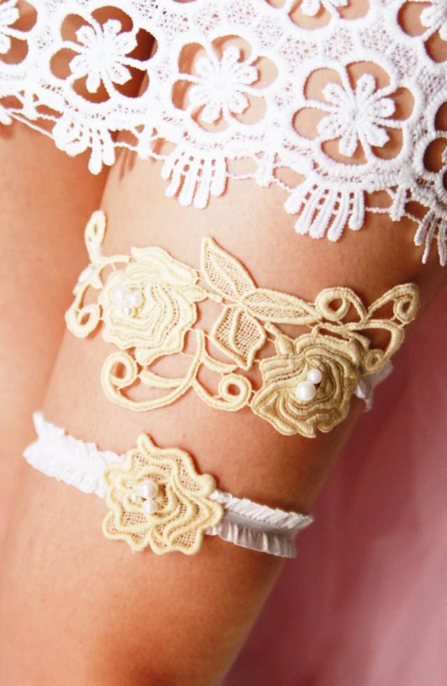 Wedding Garter Set Bridal Garter Rustic Boho Bridal Keepsake Garter Toss Garter Champagne