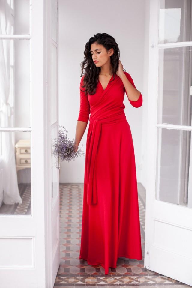 Long Wrap Dress, Red 3/4 Sleeve Gown ...