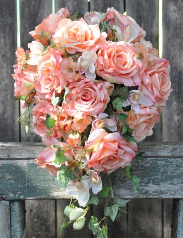 Wedding Bouquet, Keepsake Bouquet, Bridal Bouquet Coral Rose, Orchid
