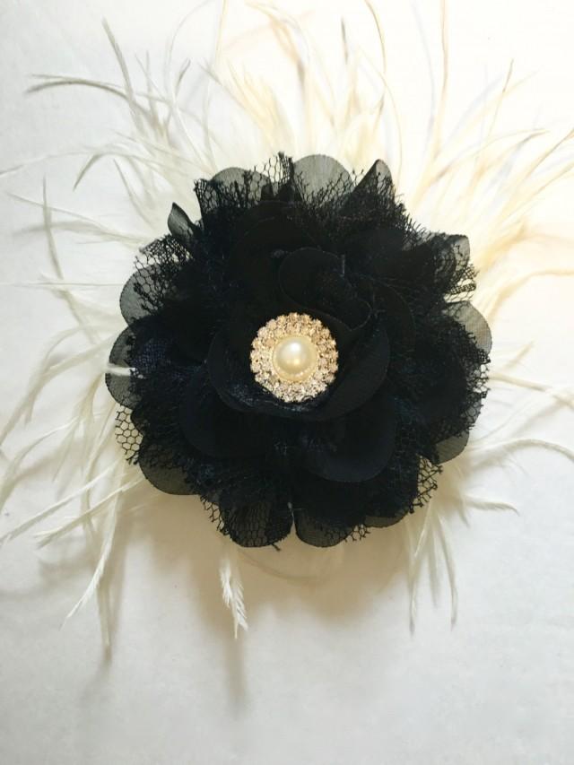 Black & Ivory Pearl Feather Fascinator. Black Chiffon Lace Flower