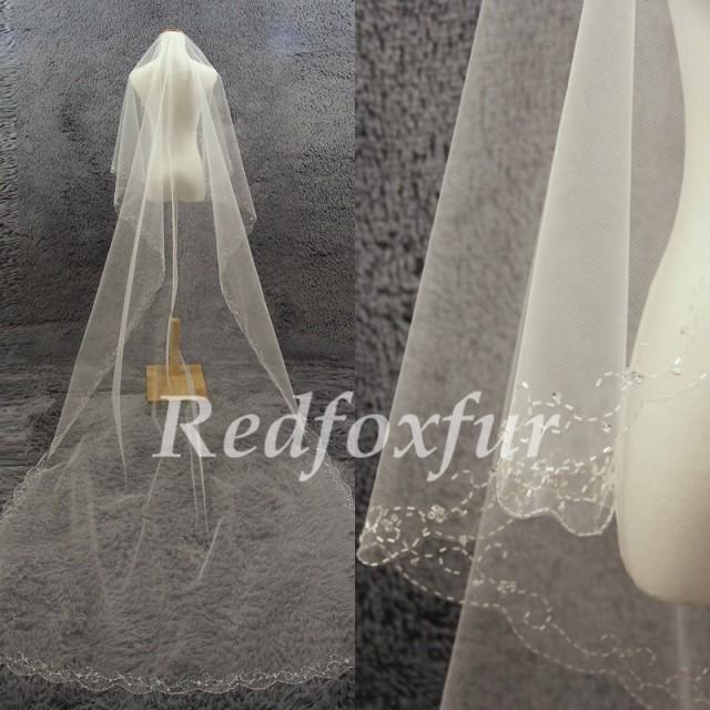 1T Cathedral Veil Ivory Veil Bridal Veil Handbeaded Crescent Edge