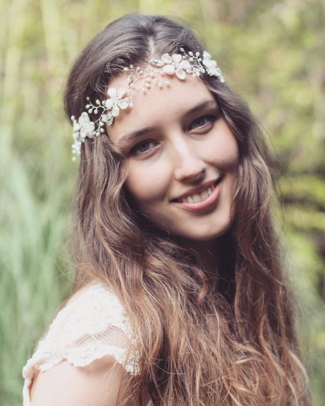 Bridal Hair Vine, Floral Headpiece, Freshwater Pearl Hair Vine, Boho