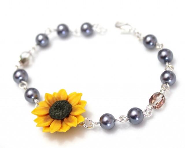 Yellow Sunflower And Grey Pearl Bracelet, Sunflower Bracelet, Yellow