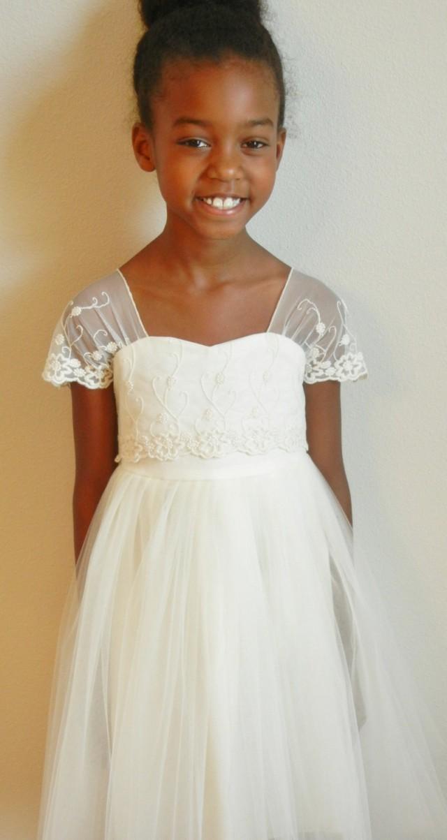 Ivory Flower Girl Dress, Shabby Chic, Organic Cotton And Embroidered