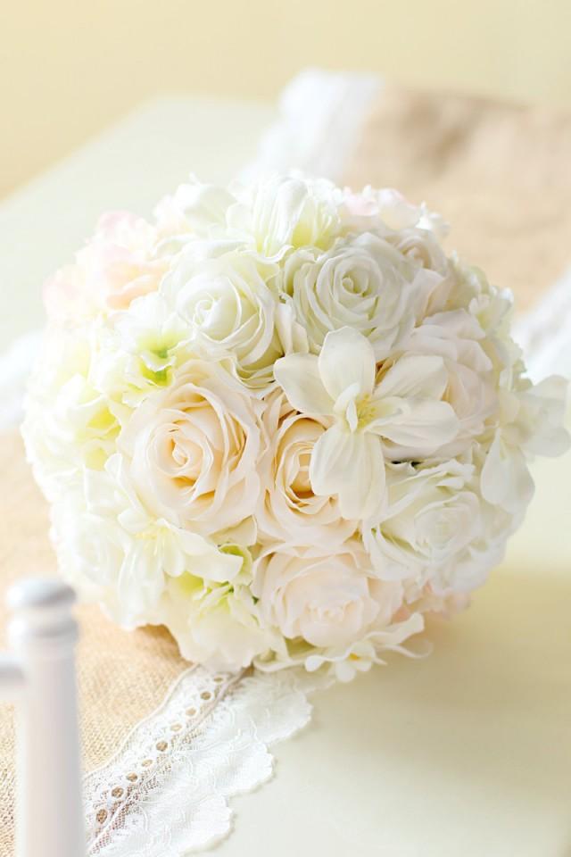 Vintage Silk Bride Bouquet Hydrangea Roses Blush Cream Shabby Chic Modern Wedding Flower Bql 9062