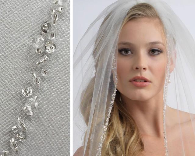 Ivory Fingertip Length Pearls Crystals Edge Wedding Veil 1 Layer Bridal White