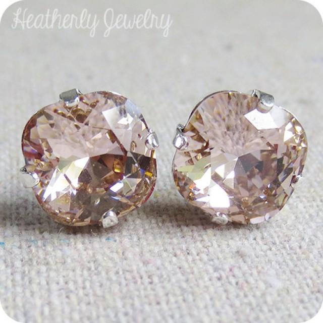 Swarovski Crystal Blush Pink Post Earrings Cushion Cut Square Earrings
