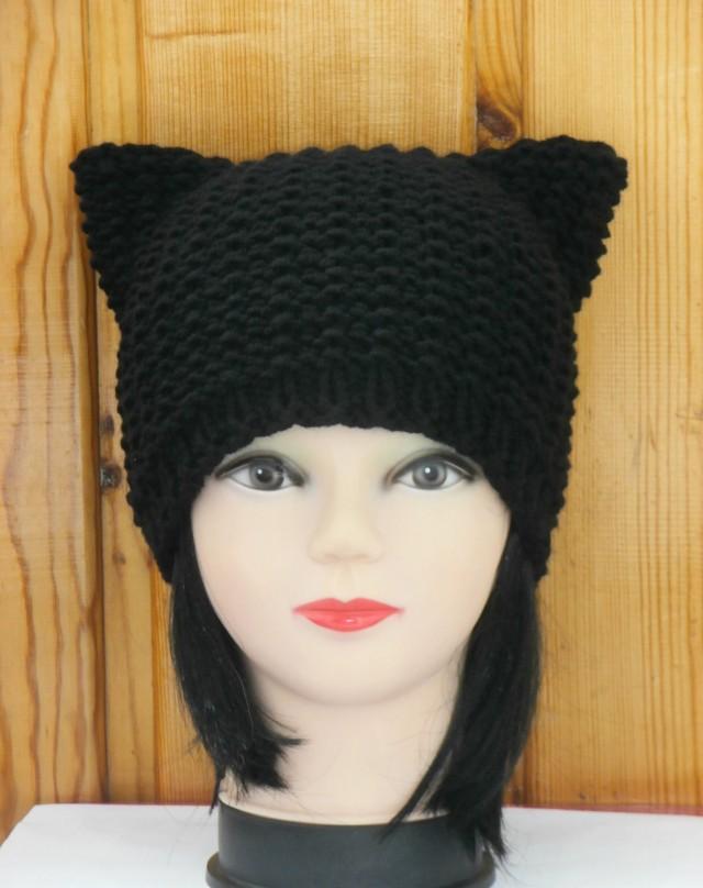 Black Cat Hat, Knit Cat Ear Hat Or Cat 