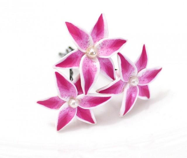 Tiger Lily Hair Flower,Stargazer Lily With Pearl, Bridal Lily Hair Clip