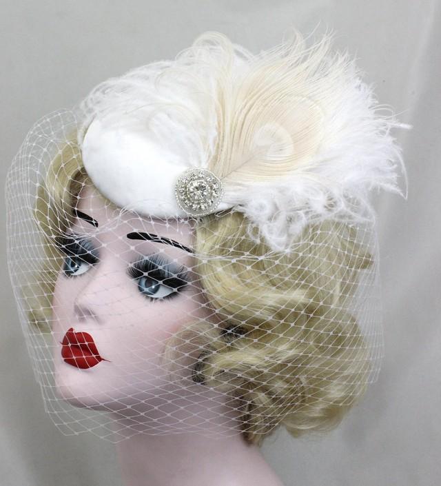White Wedding Veil, Ivory Feather Fascinator, Birdcage Veil, Bridal Hat