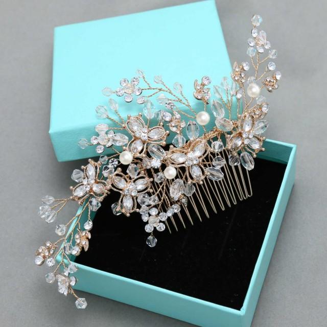 Gold Hair Comb Crystal Pear L Bridal Hair Piece Wedding Jewelry