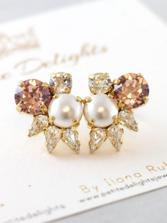 Blush Crystal Bridal Studs,Swarovski Cluster Studs,Pearls And Crystal