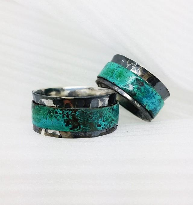 Mens Wedding Ring    Organic Spinner Ring    Patinated Copper And 