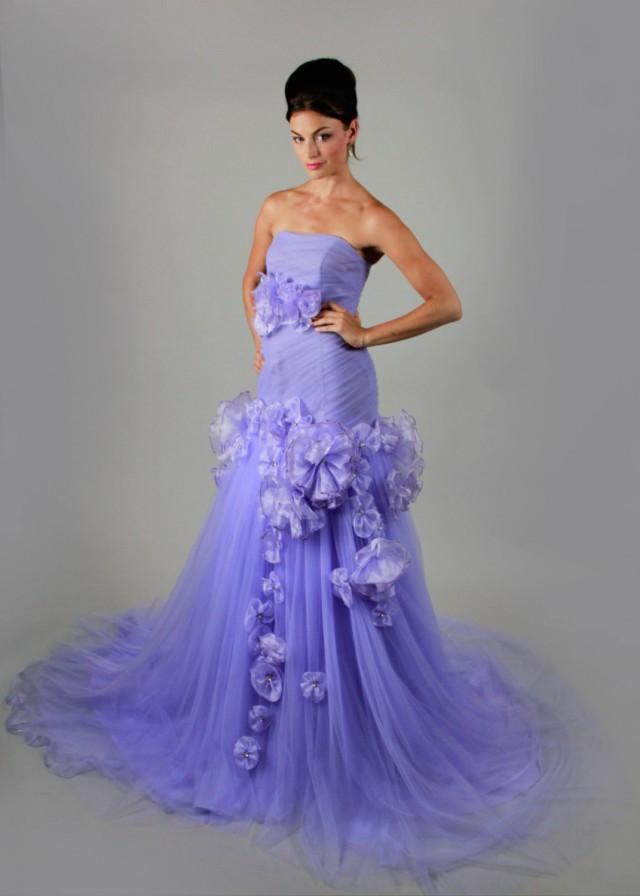 Strapless Sleeveless Crystal Floral Pin Court Train Purple Wedding Dress Sweetheart Purple