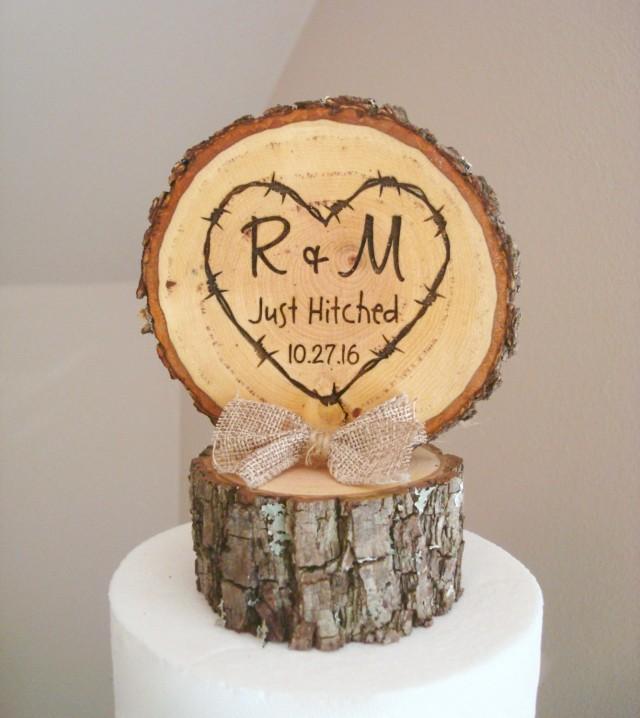 Rustic Wood Wedding Cake Topper, Just Hitched Cake Topper, Tree Slice