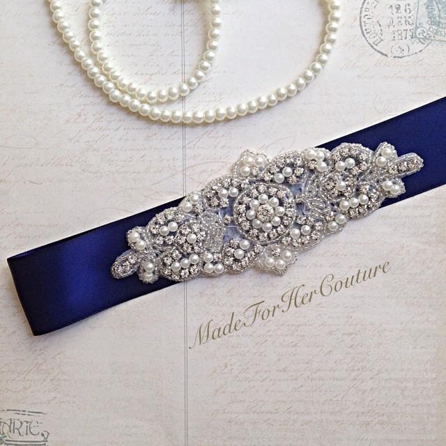 Navy Bridal Sash, Wedding Dress Sashwedding Sash BeltPearl Crystal