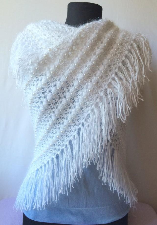 Crochet Wedding Shawl, Handmade Triangle Shawl, Lace Crochet Beaded