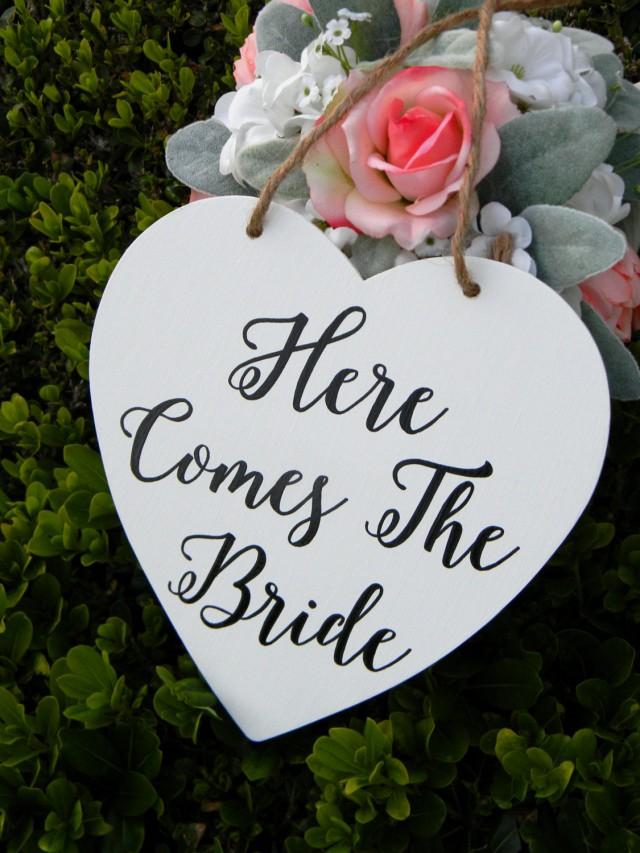 Here Comes The Bride Sign Rustic Wood White Wedding Sign Wood Heart Flower Girl Sign Ring Bearer