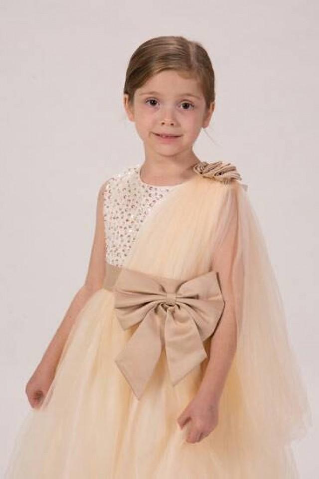 Beautiful Champagne Gold Flower Girl Tutu Dress Beaded Ivory Satin Bodice And Satin Champagne 9224