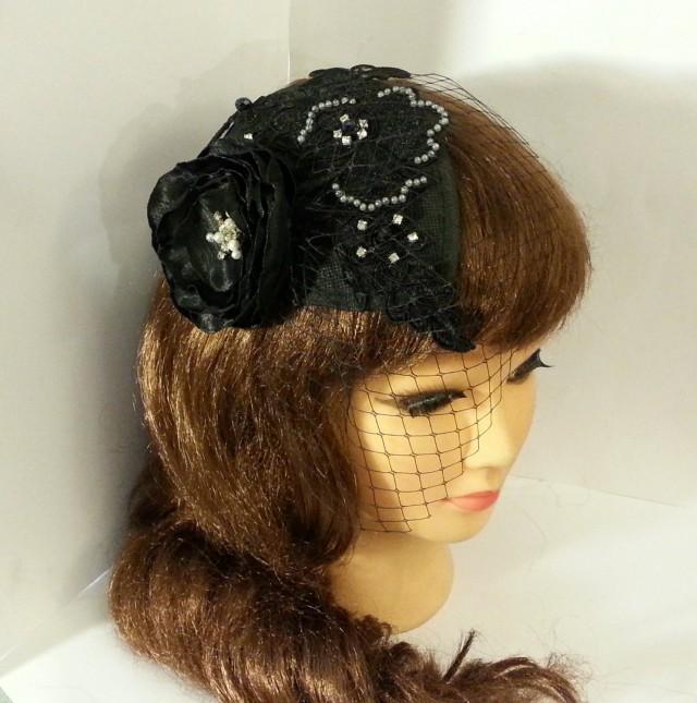 10 Off Sale Vintage 1940s50s Fascinator Veil, Black Teardrop Hat