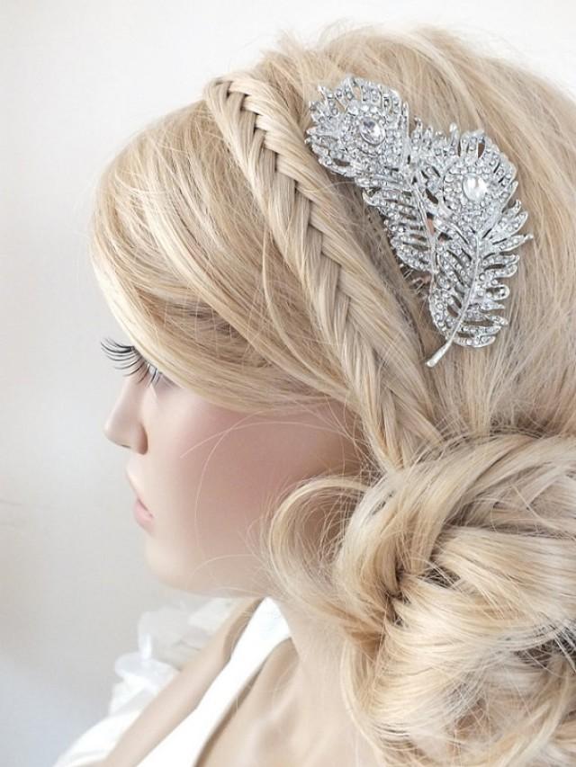 High quality silver plated crystal feather bridal wedding hair comb 