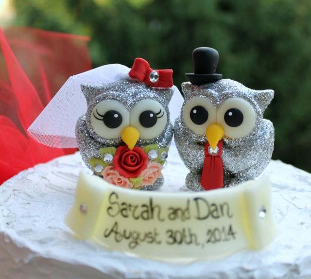 Wedding Glitter Owl Cake Topper, Silver Sparkly Love Birds, Red Wedding