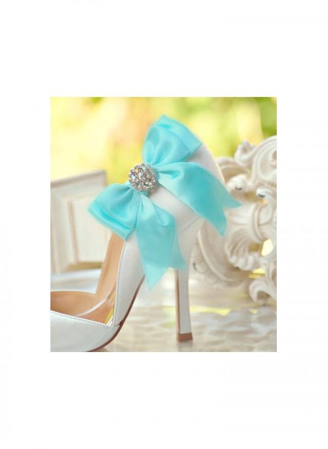 Wedding Shoe Clips Bow. Aquamarine Aqua Blue. Teal White Ivory Navy
