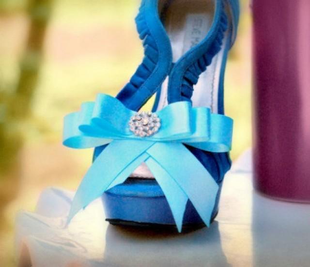 Aqua Blue & Sparkly Bow Shoe Clips. Wedding Photo Prop, Burlesque