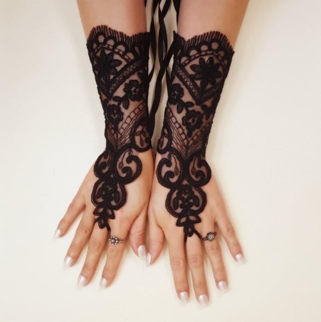 Black Lace Gloves French Lace Bridal Glove Lace Wedding Fingerless
