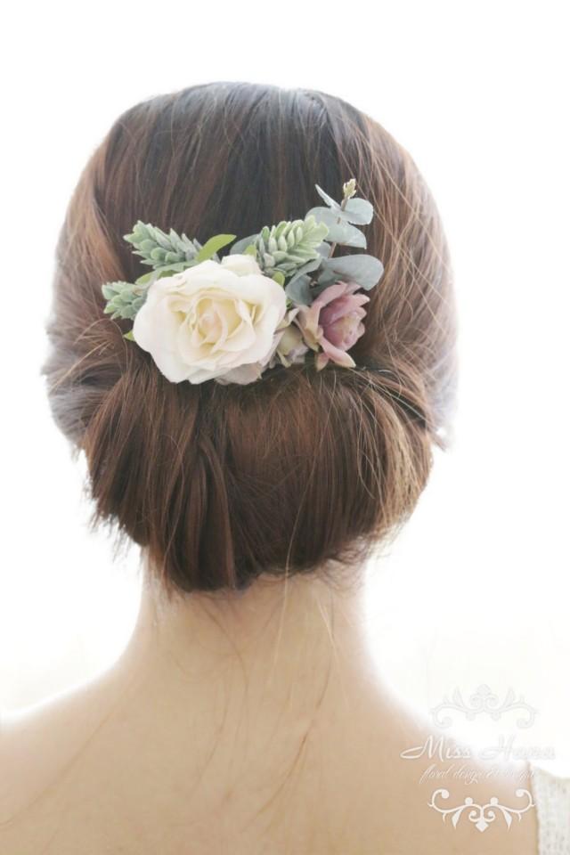 Bridal Hair Accessory, Vintage Ivory Purple Rose Winter Pine, Bridal
