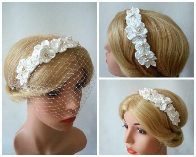 Wedding Birdcage Veil Headband With Satin Flowers Pearl And Flower Headband Bridal Birdcage 2846