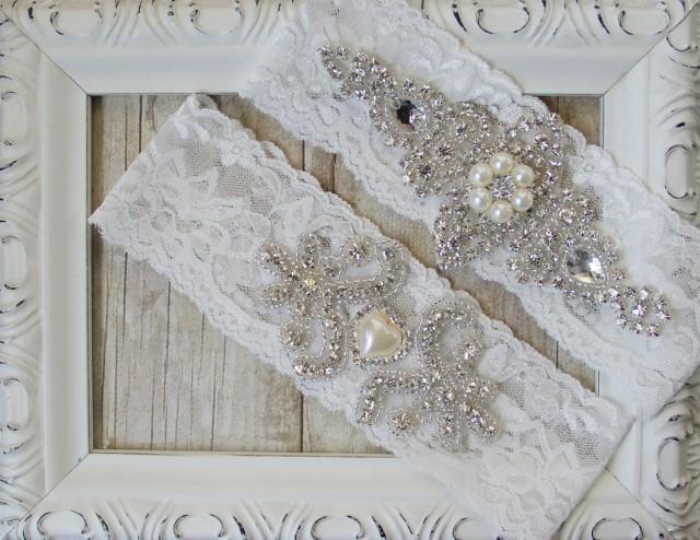 Wedding Garter - Lace Vintage Garter Set W/ "Pearls" And Rhinestones On Comfortable Lace