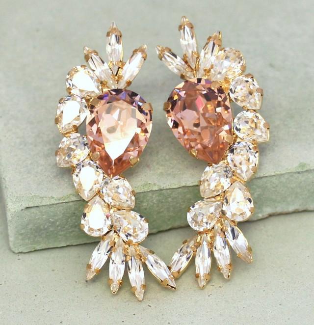 Bridal Crystal Earrings,Blush Pink Chandelier Earrings,Swarovski