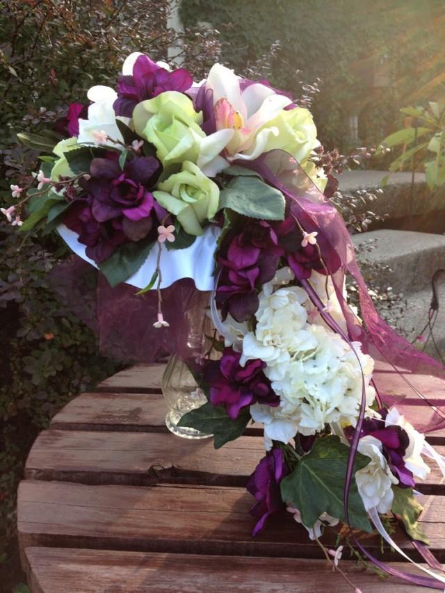 Real Touch Rose Eggplant Cascading Silk Bridal Bouquet And Grooms