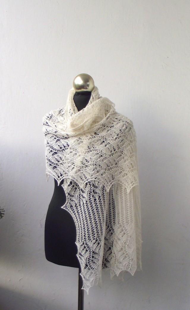 Cream Lace Shawl, Hand Knitted Lace Stole,off White Wedding Shawl