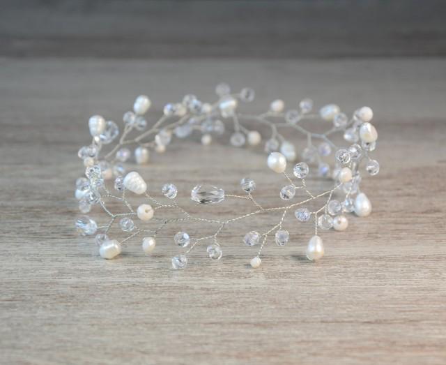 Silver Ivory Wedding Hair Vine, Wired Crystal Wedding Hair Accessory