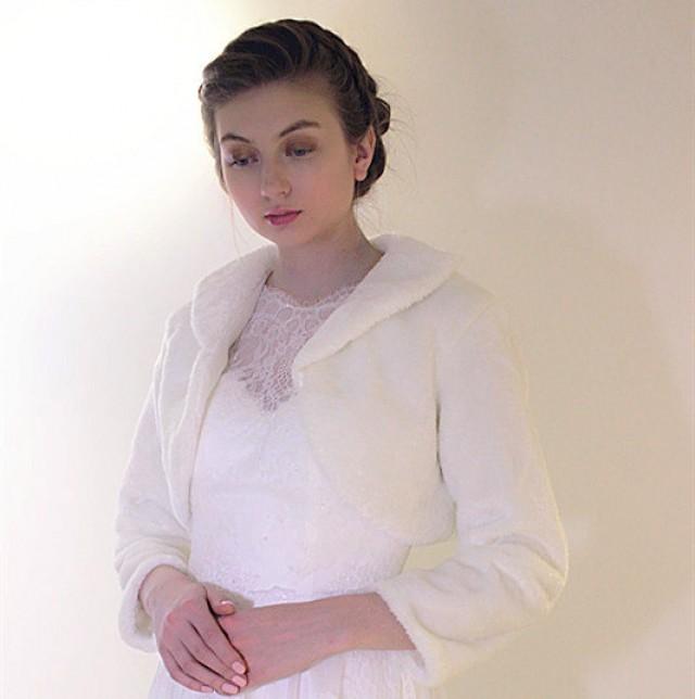 Bridal Fur Stole, Ivory Faux Fur Shawl, Wedding Winter Long Sleeve