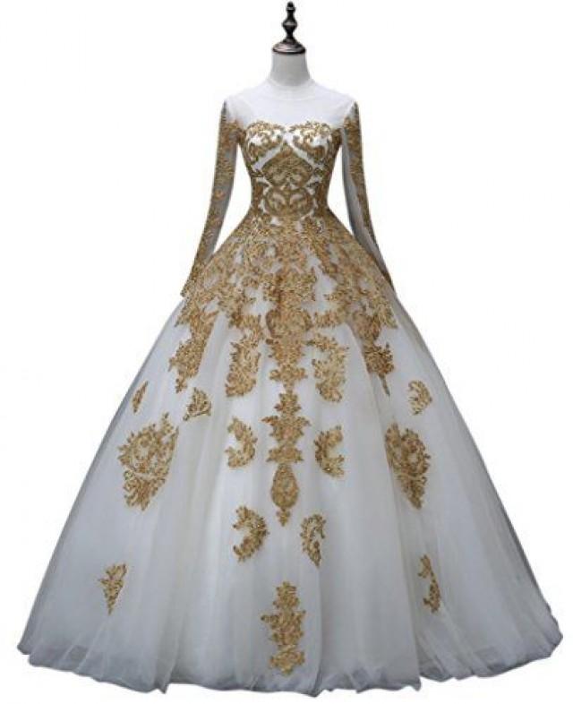 Gold Lace Applique Long Sleeve Wedding Dress 2602015 Weddbook