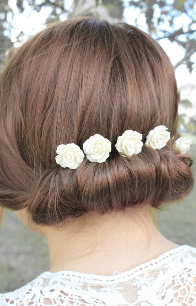 Ivory Rose Bobby Pins Set Of Five Clips Wedding Bridal Hair Slides Cream White Romantic Floral