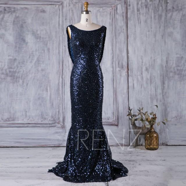 2016 Navy Sequin Bridesmaid Dress, Scoop Neck Luxury Sequin Evening
