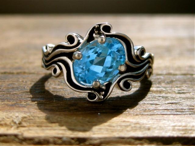 New Blue Topaz Sea Horse 925 Silver Ring Animal Engagement Wedding Size6-10 