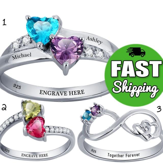 Promise Ring For Her Engraved Birthstone Promise Ring For Her Double Hearts 925 Sterling Silver