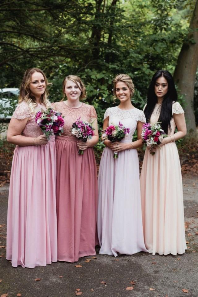 Lace Top Long Chiffon Skirt Bridesmaid Dress With Cap Sleeves Custom