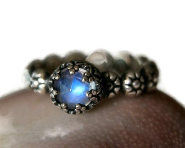 Blue Moonstone Ring Antiqued Sterling Silver Rainbow Moonstone Ring