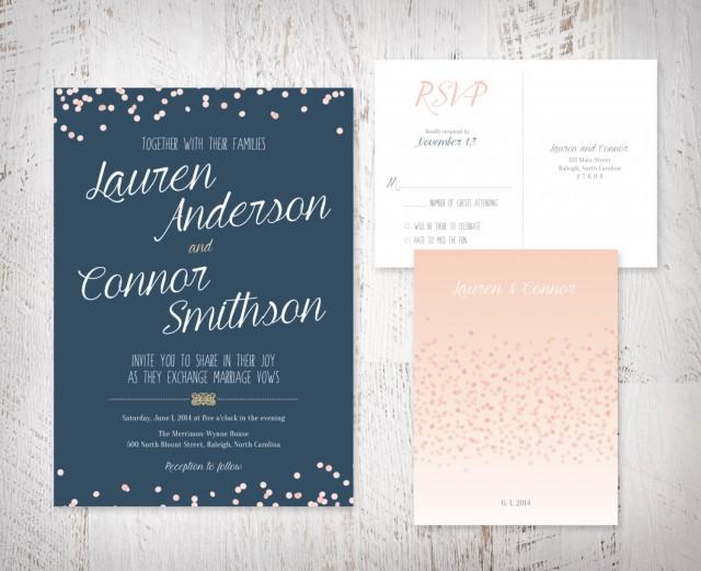 Navy And Blush Wedding Invitation, Confetti, Blush, Navy, Sparkle – DYI