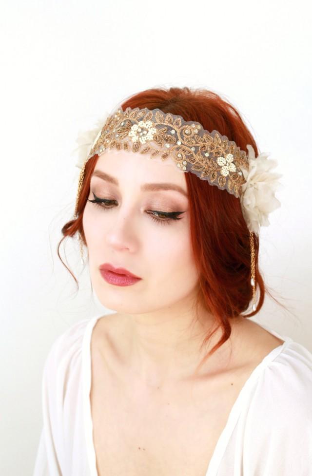 Boho Bridal Headpiece Flapper Headpiece 1920s Wedding Wedding Headband Ivory Bridal 4810